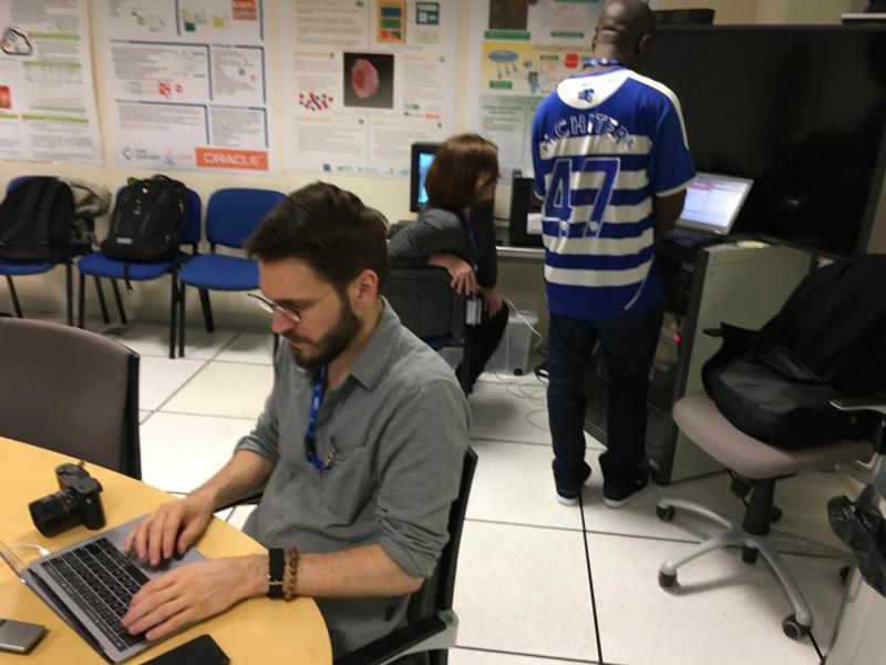 Kimberly and I working on transferring WorldWideWeb browser's compiled UNIX binary files via ftp to the NeXT Cube box for setup. Craig steadily hacks away on the foreground ... - 12th February, 2019. Picture credit: Jeremy Keith